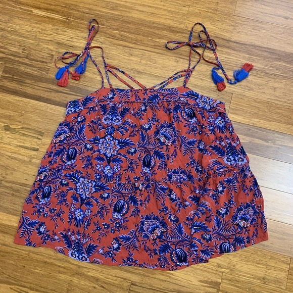 LOFT Floral Print‎ Tank Top Womens Size XL Tassel Tie Straps Casual Blouse Red - Picture 1 of 10